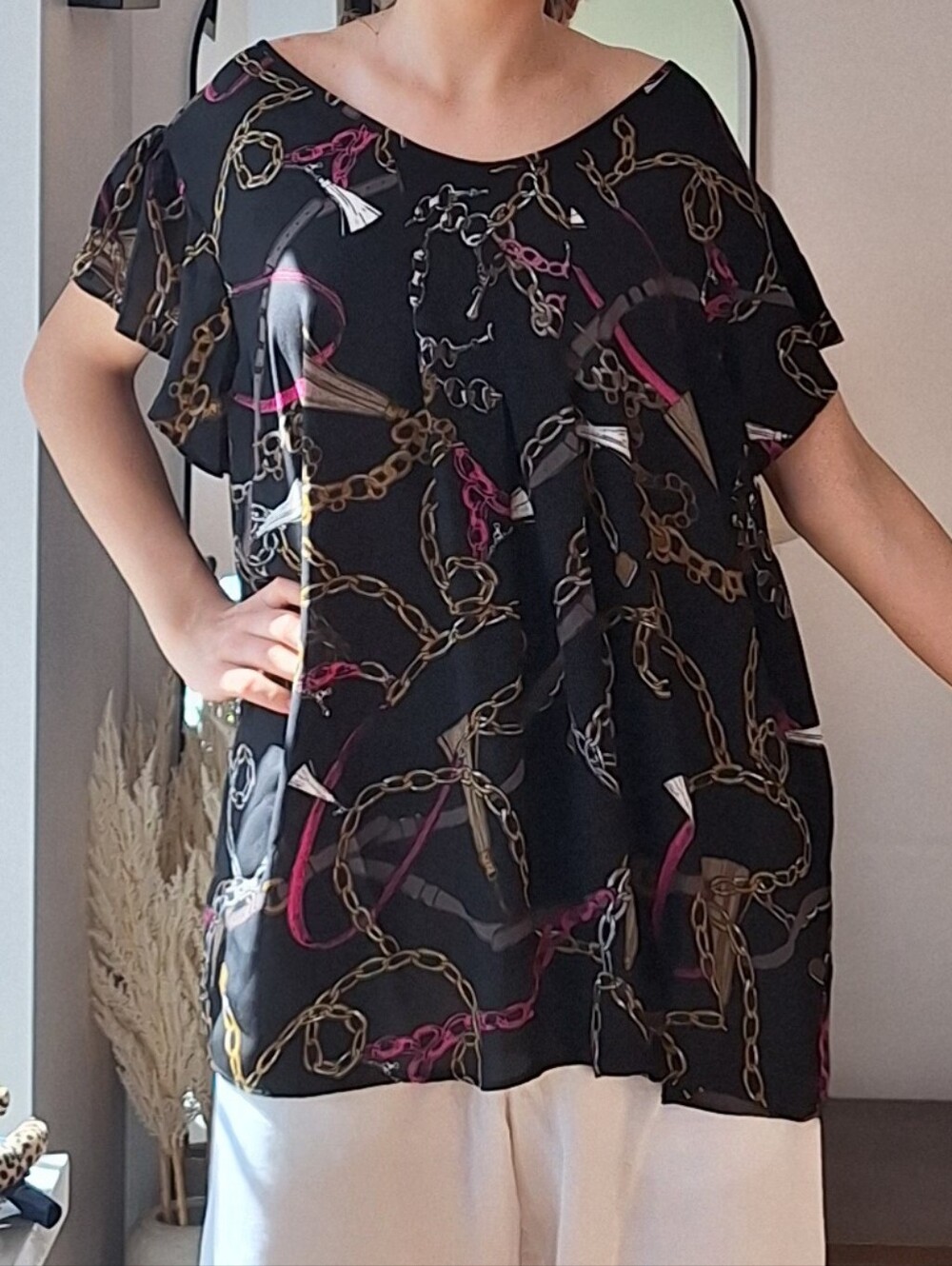 Penningtons Black Short Sleeve Chain-Print Tunic with Pink and Gold Accents